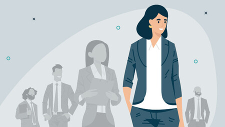 Illustration of a happy business woman standing in front of other people faded into the background