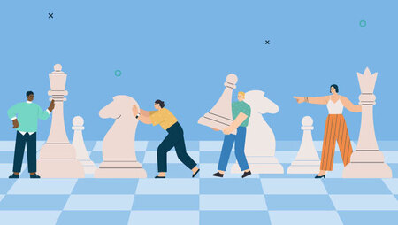Illustration of a group of people and large pawns on a chess board