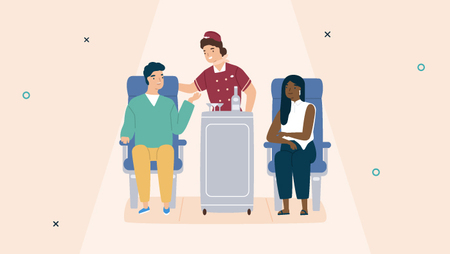 Illustration of a flight attendant pushing a trolley and standing between two passengers seated within the cabin