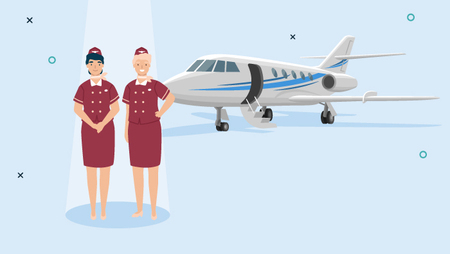 Two female VIP flight attendants standing in front of a private jet plane