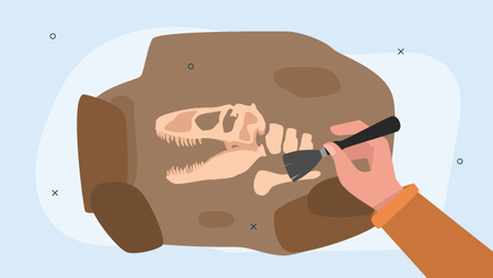 Illustration of a hand excavating a dinosaur fossil