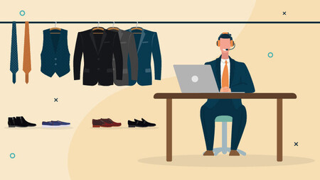 Illustration of man wearing a headset and a black suit, sitting in front of a laptop with a wardrobe of suits, ties and shoes behind him