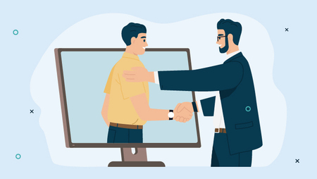Illustration of a man shaking the hand of a man inside a computer screen