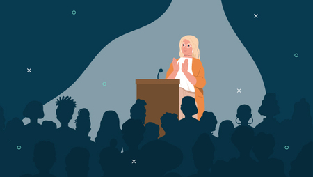 Illustration of a woman on a stage talking to room of people