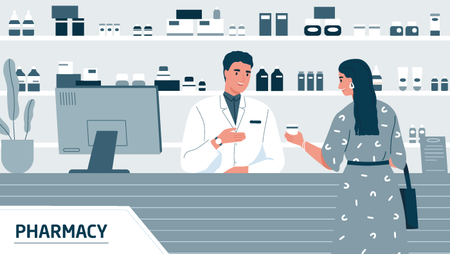Illustration of a male pharmacist behind a counter attending to a female customer