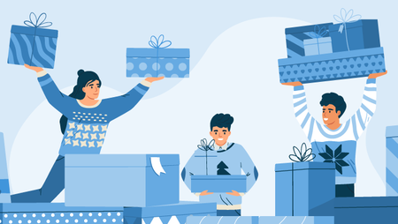Illustration of happy people holding wrapped gifts