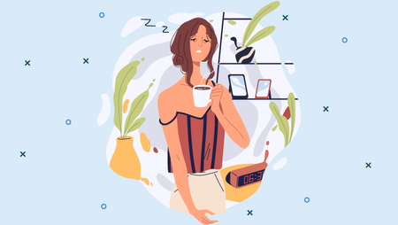 a woman waking up early and holding a cup of coffee